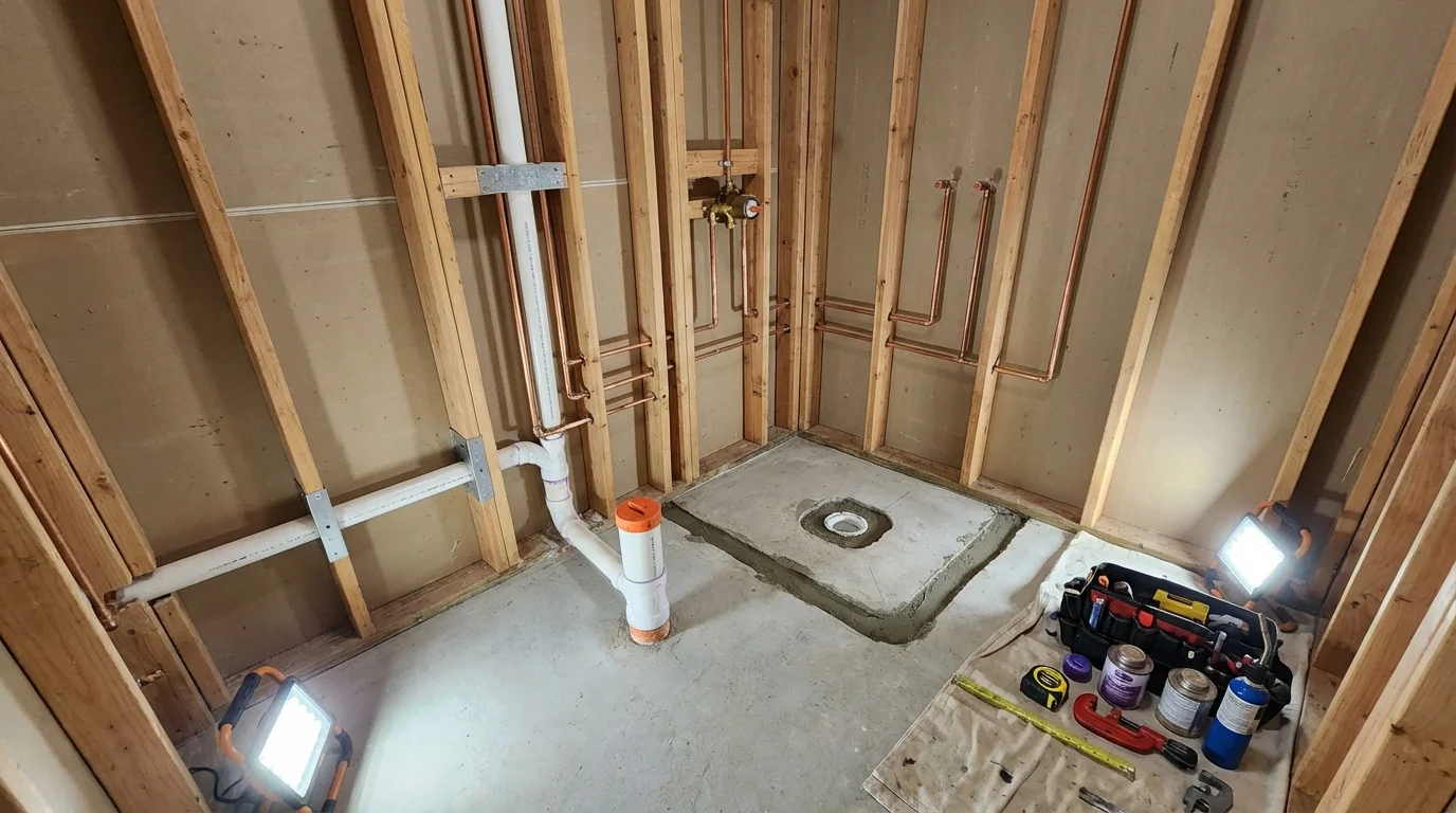 Bathroom rough-in plumbing during remodel by Johns Plumbing LLC in Soda Springs