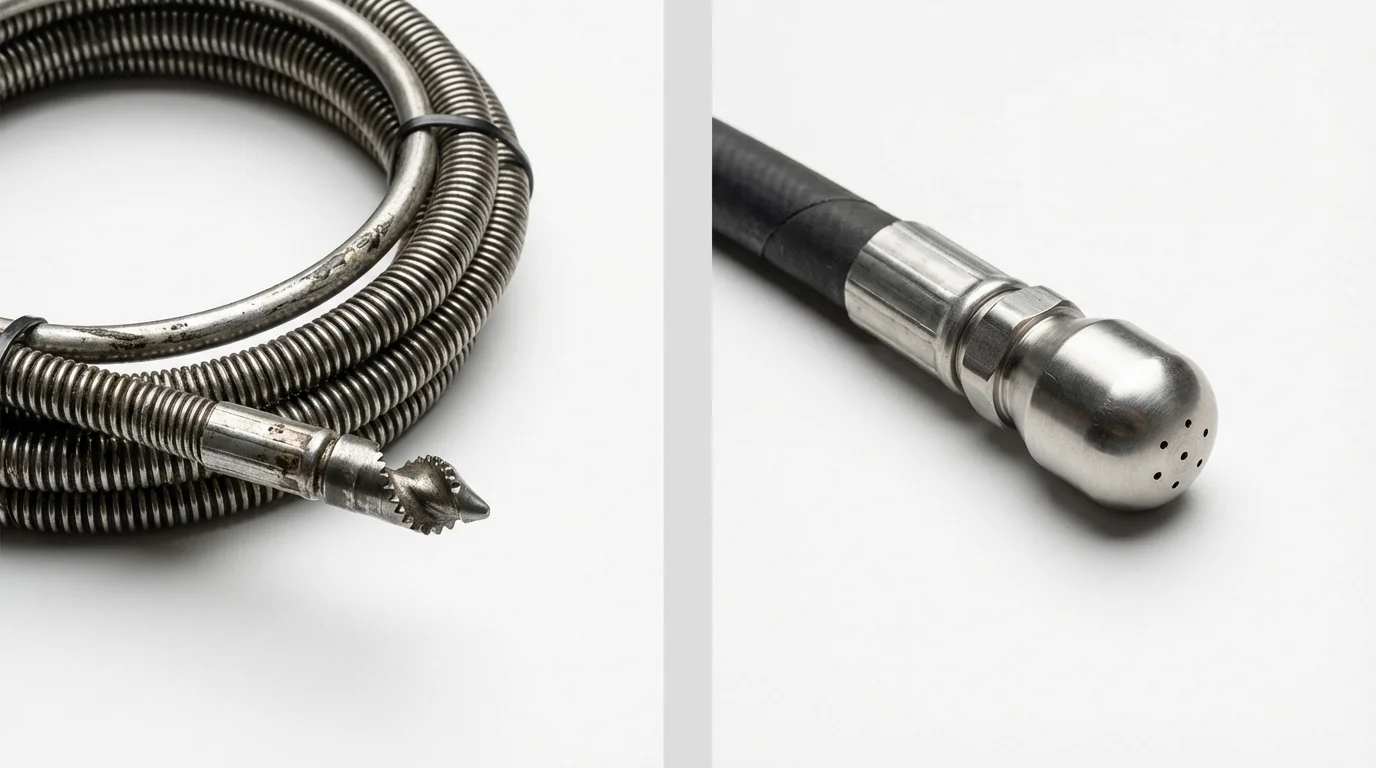 Drain snake cable and hydro jetting nozzle used for drain cleaning in Soda Springs, ID