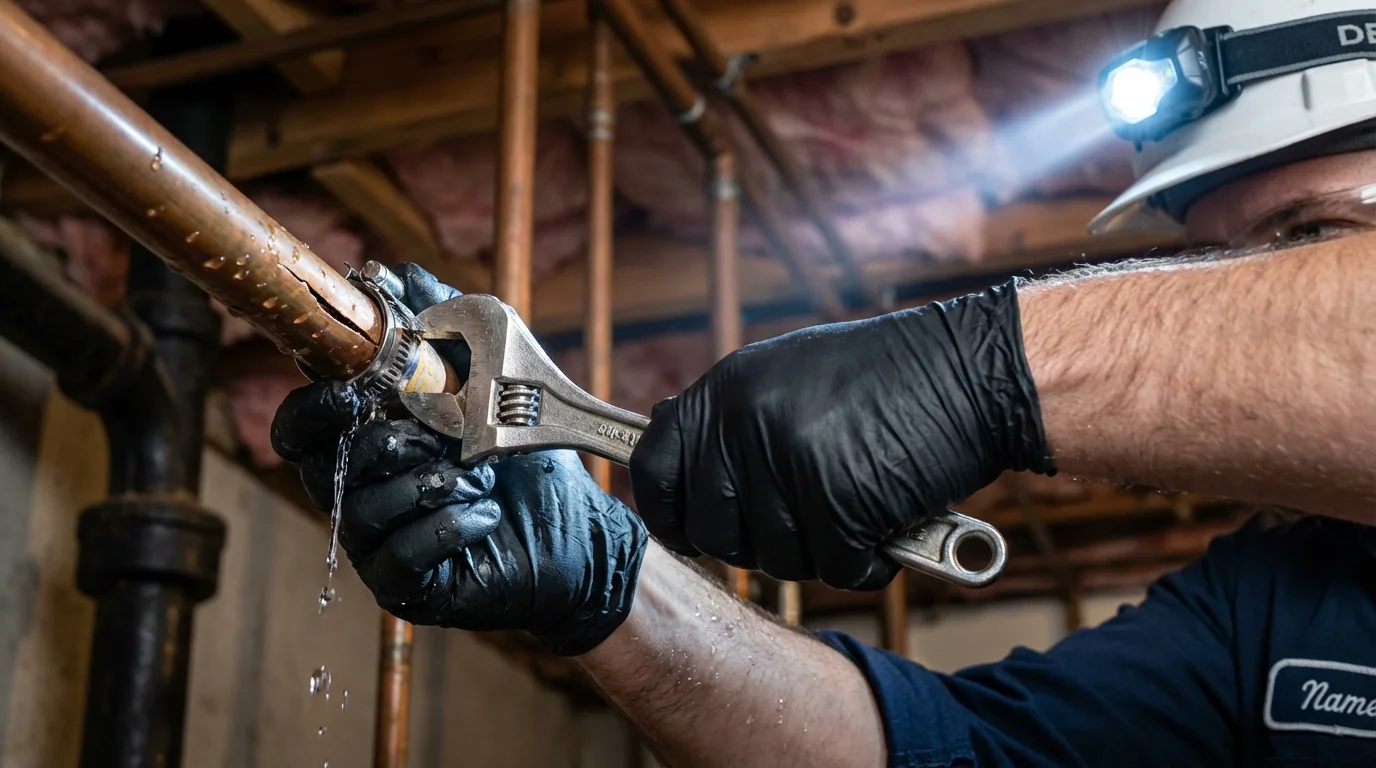 Emergency pipe clamp repair being performed by a Johns Plumbing LLC plumber in Soda Springs