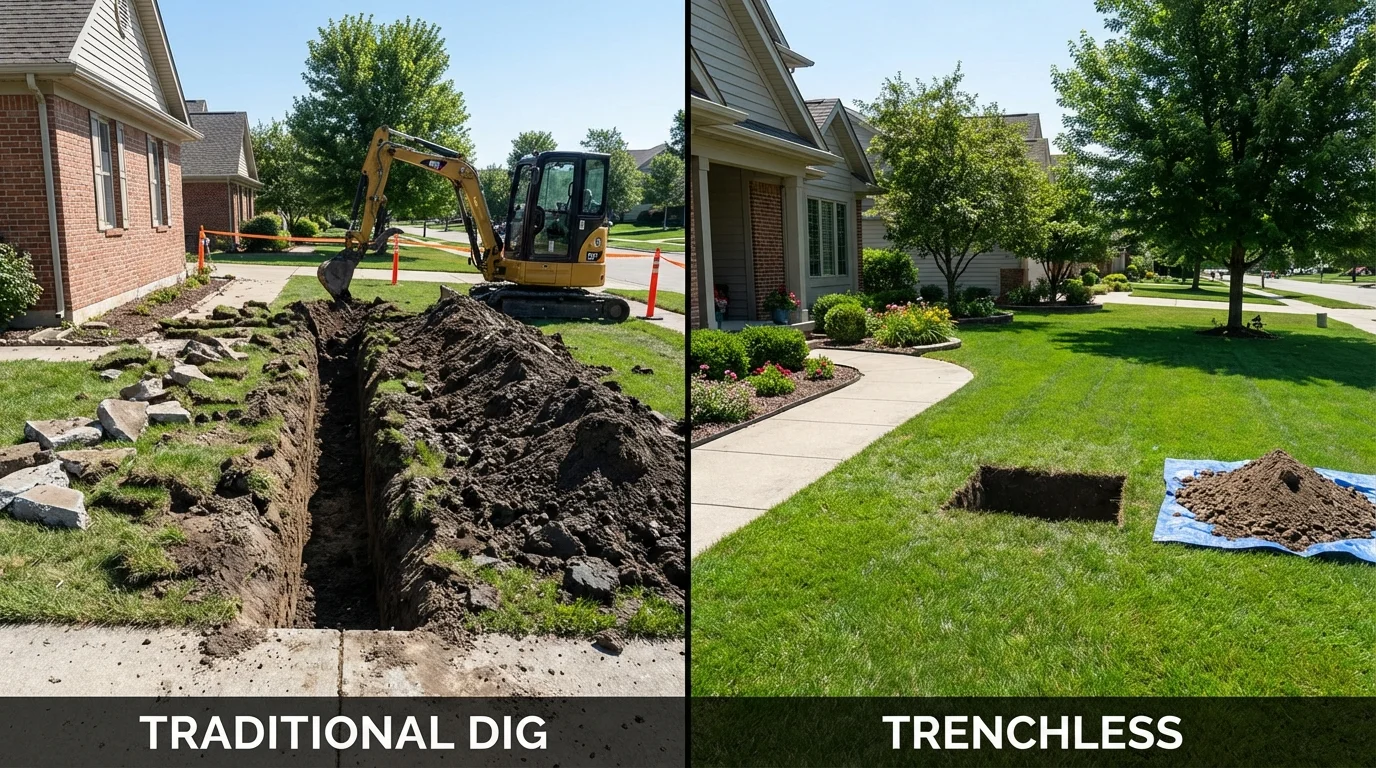 Trenchless sewer repair with minimal yard damage versus traditional excavation in Soda Springs, ID