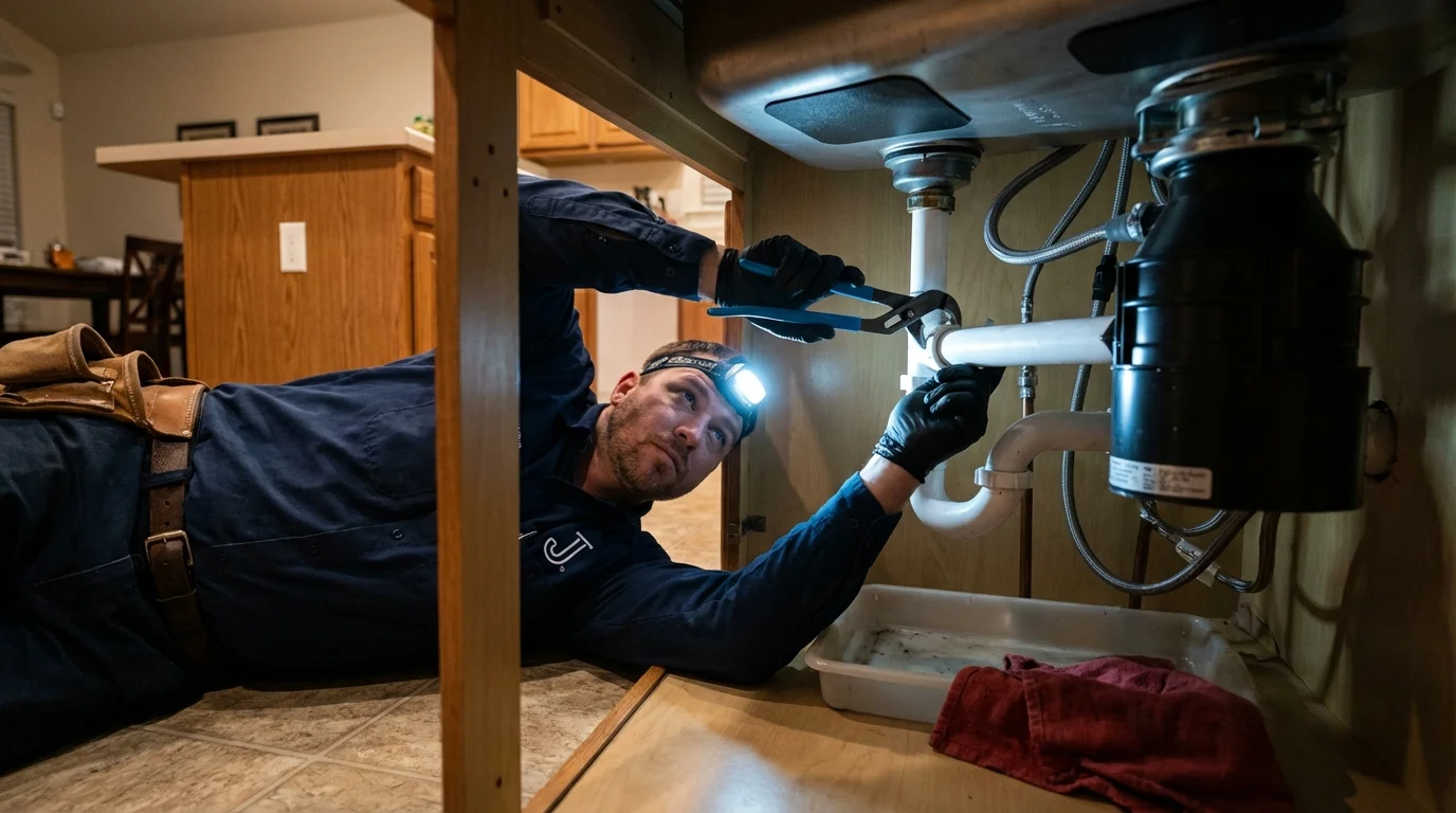 P-trap and supply line connections under a kitchen sink showing a common leak point in Soda Springs, ID